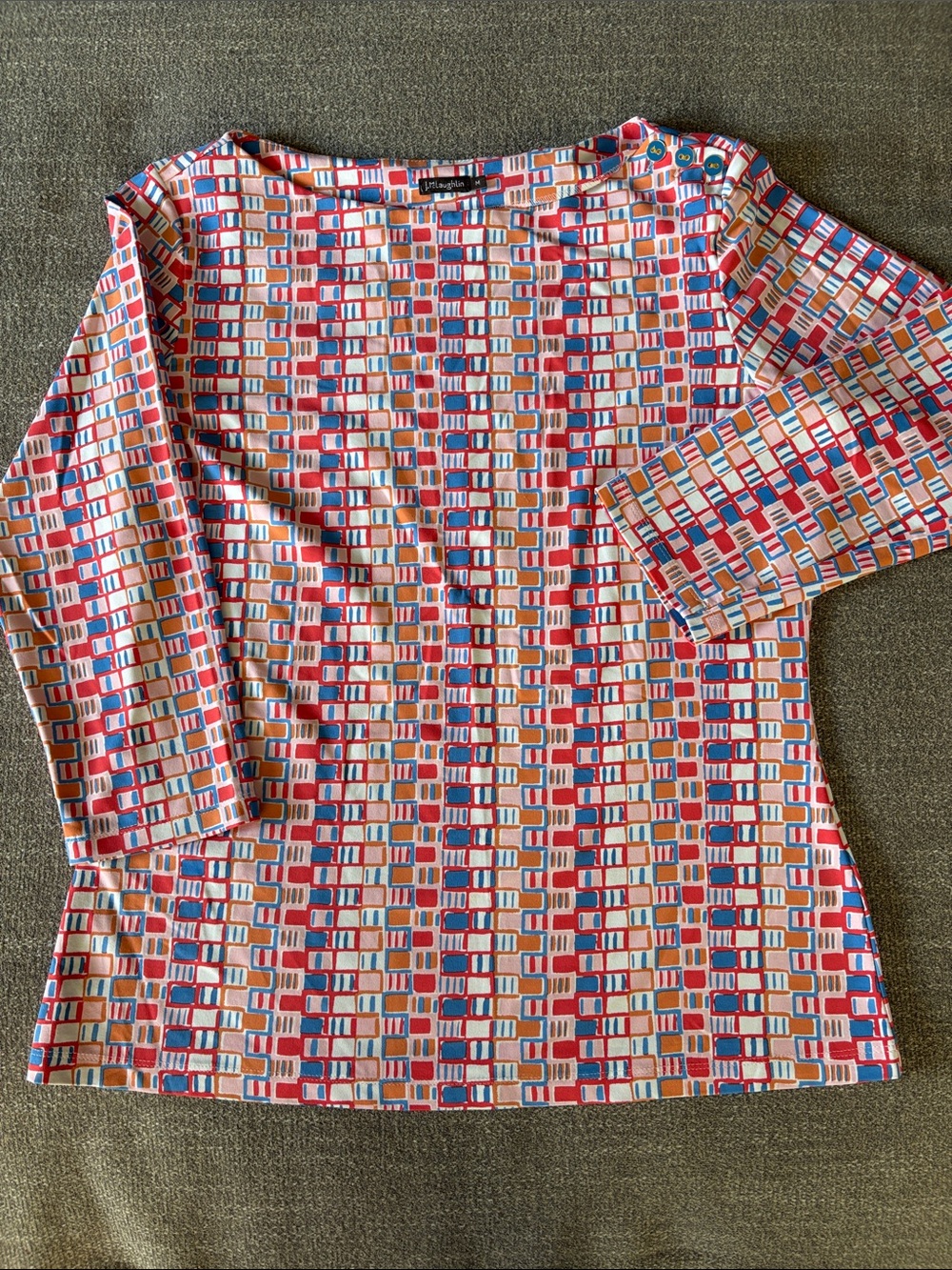 J. McLaughlin Geometric Boat Neck 3/4 Sleeve Top EUC Size Medium